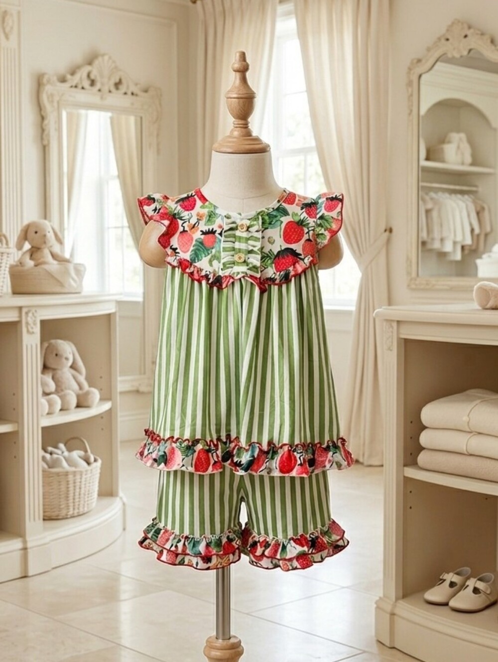 Oopsie Dasiy Lime Strawberry Stripe Ruffle Shorts Set